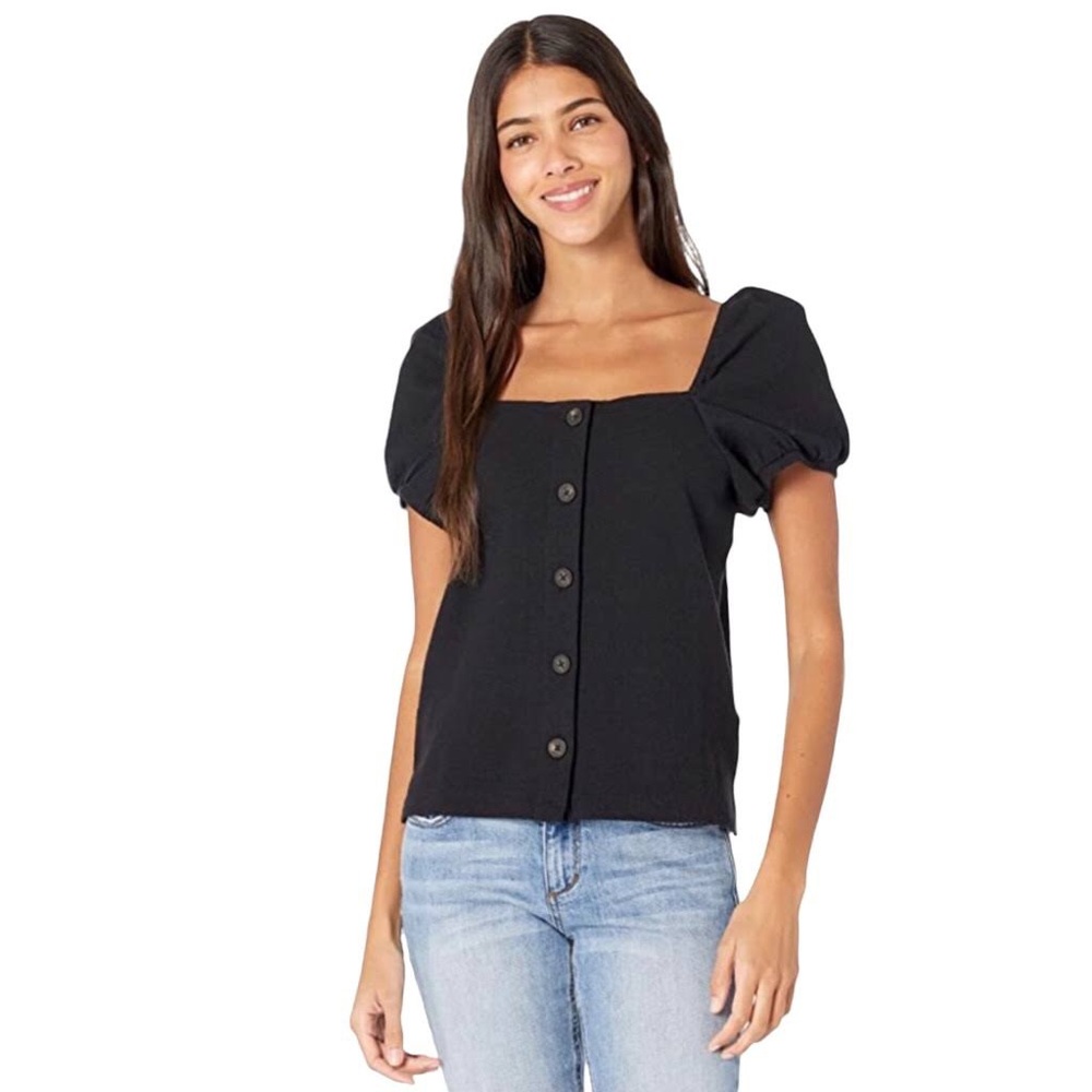 Madewell Black Jacquard Square-Neck Puff-Sleeve Top